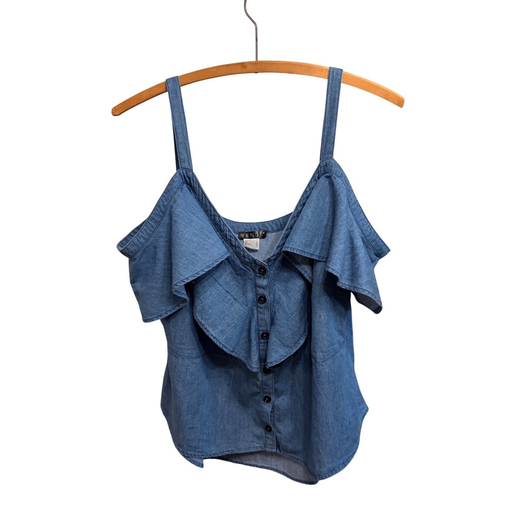 Denim Ruffle Cold Shoulder Sleeveless Button-Down Top Size 14 Boho Flowy